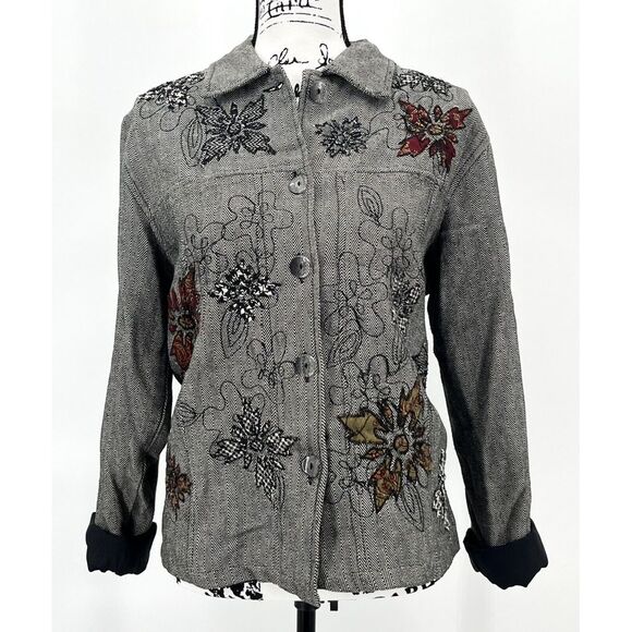 Vintage Passports Herringbone Jacket Size‎ Medium Embroidered Fall Leaf Theme - Picture 1 of 8